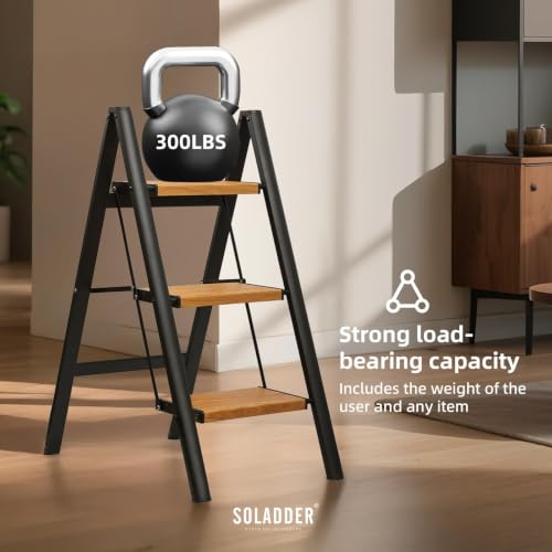 SOLADDER 3 Step Ladder, Folding Step Stool, Black & Woodgrain - color: Black&woodgrain, size: 3 Step