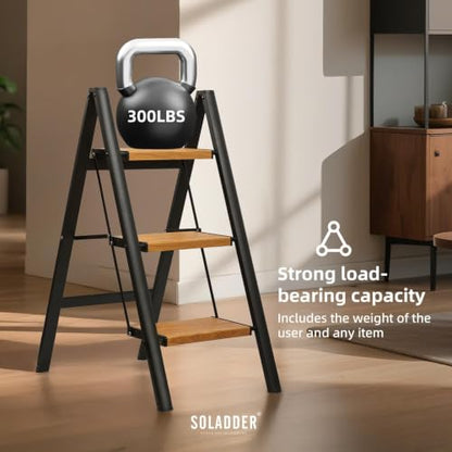 SOLADDER 3 Step Ladder, Folding Step Stool, Black & Woodgrain - color: Black&woodgrain, size: 3 Step