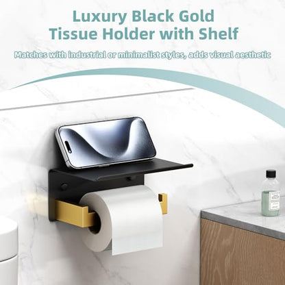 APLusee Black and Gold Toilet Paper Holder with Storage Shelf, Wall Mounted - color: Black With Gold, size: Single Rod