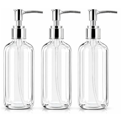 Refillable Clear Soap Dispenser Bottles with Pump, 16 oz (3 Pack) | BPA-Free Plastic Boston Round Containers for Hand Soap, Lotion, Shampoo, Kitchen & Bath