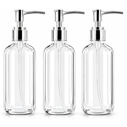 Refillable Clear Soap Dispenser Bottles with Pump, 16 oz (3 Pack) | BPA-Free Plastic Boston Round Containers for Hand Soap, Lotion, Shampoo, Kitchen & Bath