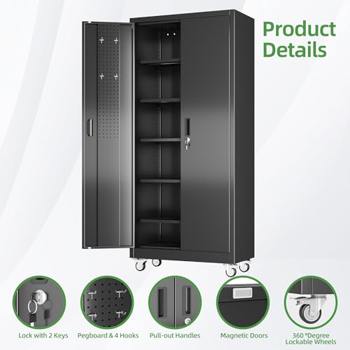 71 in. Garage Storage Cabinet with Wheels, 5 Shelves, Black - color: Black, size: 16"D x 32"W x 71"H