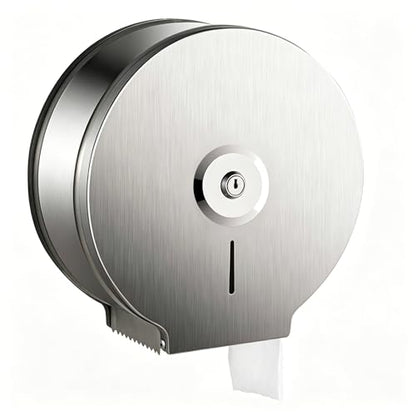 Commercial Jumbo Toilet Paper Dispenser, Brushed Stainless Steel Large Roll Bathroom Tissue Holder Wall Mount, 9” Diameter Lockable Dispenser with Key for Business Restrooms - color: Brushed Silver
