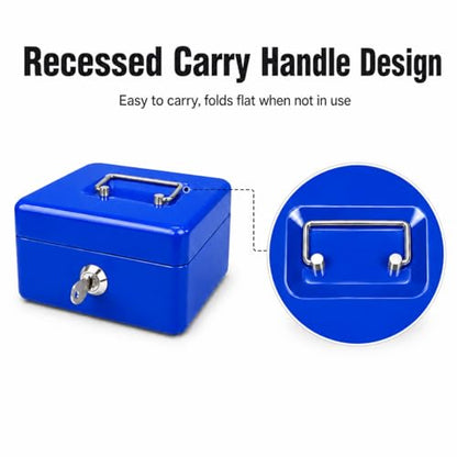 Steel Cash Box with Key Lock, Metal Small Money Organizer with Money Tray,Cash Storage Box with Lockable Cover (Blue - 6 inch) - color: Blue - 5.9" x 3.1" x 4.7"