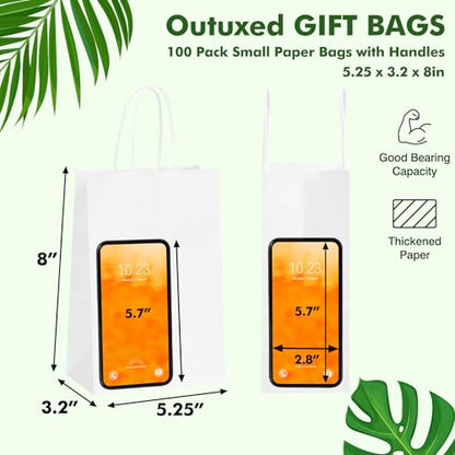 OUTUXED 100pcs Small White Paper Bags with Handles, Kraft Paper Gift Bags - color: White 5.25x3.2x8in, size: 1 Count (Pack of 100)