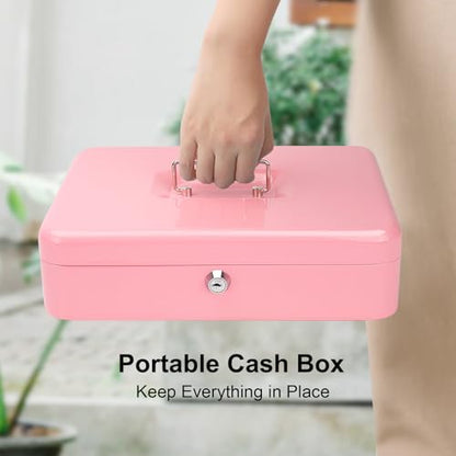 Jssmst Metal Cash Box with Money Tray and Lock, Portable Cash Drawer, 11.8" - color: Pink Key