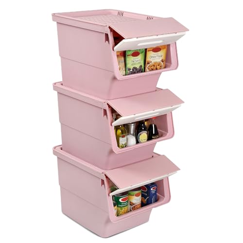 GIANTEX 3 Pack Plastic Stackable Storage Bins with Lids & Wheels, 35 QT - color: White + Pink, size: 3 Pack, 35 QT
