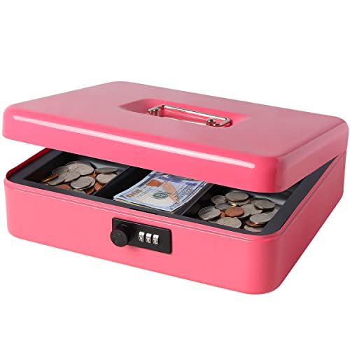 Decaller Extra Large Cash Box with Combination Lock, Metal Money Box with Removable Tray, 11.80" x 9.45" x 3.54", Pink - color: Pink, size: XLarge(11.8 Inch)