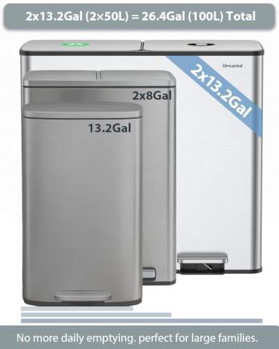 Dual Trash and Recycling Bins for Kitchen, 2*13.2 Gal Dual Trash Can,Silver - color: Silver, size: 2 * 13.2 Gallon
