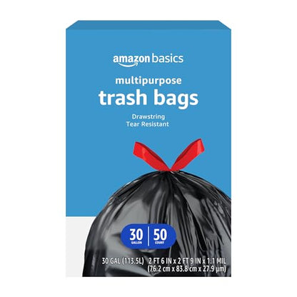 Amazon Basics Multipurpose Drawstring Trash Bags, 30 Gallon Capacity, Tear Resistant, 50 Count (Previously Solimo) - size: 50 Count (Pack of 1)