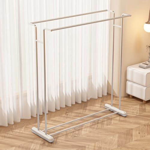 59.4" Double Rod Garment Rack, Metal Heavy Duty Freestanding Clothing Rack with Bottom Shelf, Modern Sturdy Clothes Racks for Bedroom, Boutique Retail Display & Laundry Room, Silver - color: silver