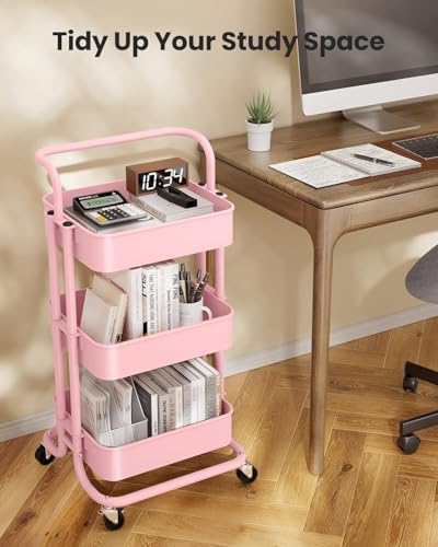 Pipishell Metal 3 Tier Rolling Cart with Handle & 2 Lockable Wheels, Pink - color: Pink, size: 3-Tier
