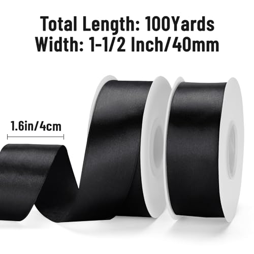 KINGLAKE Black Satin Ribbon - 1-1/2'' x 100 Yards for Gift Wrapping - color: Black, size: 1 1/2 Inch x 100 Yards
