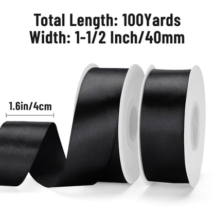 KINGLAKE Black Satin Ribbon - 1-1/2'' x 100 Yards for Gift Wrapping - color: Black, size: 1 1/2 Inch x 100 Yards