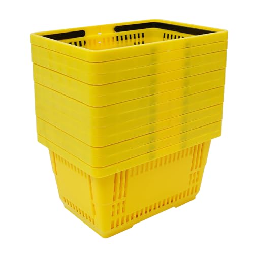 LOYALHEARTDY 12PCS Shopping Baskets with Handles, 21L Plastic Grocery Basket for Retail Store, Supermarket, Grocery Shopping |17" x 12" x 9" Portable Shop Basket (Yellow) - color: Yellow