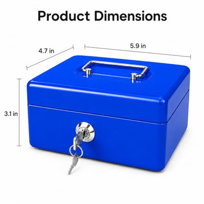 Steel Cash Box with Key Lock, Metal Small Money Organizer with Money Tray,Cash Storage Box with Lockable Cover (Blue - 6 inch) - color: Blue - 5.9" x 3.1" x 4.7"