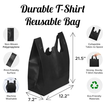 Simply Cool 200 Pack Reusable Grocery Bags, T-Shirt Tote Bags Bulk, Black - color: Black