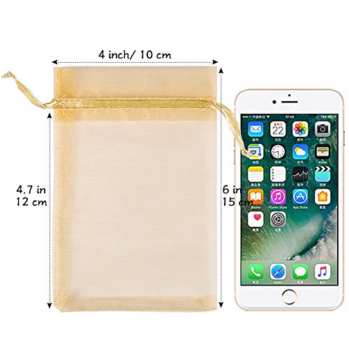 HRX Package 100pcs Gold Organza Gift Bags, 4 x 6 inch Candy Mesh Drawstring Favor Bags Jewelry Pouches for Christmas Wedding Party - color: Gold