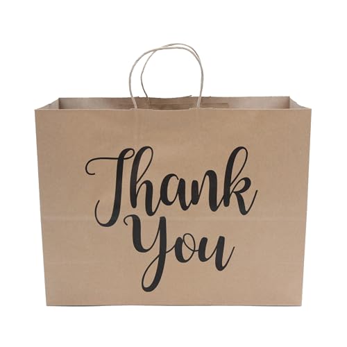 Large Kraft Thank You Paper Shopping Bags - 16”L x 6”D x 12”H - Case of 100