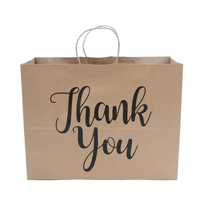 Large Kraft Thank You Paper Shopping Bags - 16”L x 6”D x 12”H - Case of 100