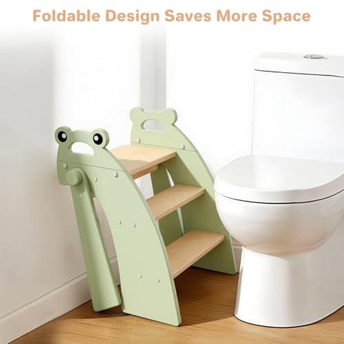 Wooden Step Stool for Toddlers, 3 Foldable Step Stool for Kids Bathroom Sink & Potty Training, Bamboo Toddler Stool with Green Frog Handles and Non-Slip Pads for Bedroom, Kitchen Helper - color: 3 Step Green