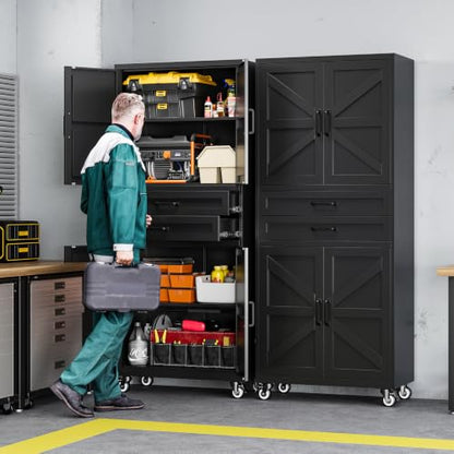 Letaya Metal Garage Storage Cabinets with Wheels,Black Rolling Tool Cabinet - color: Black, size: 16” D x 31.5” W x 73” H