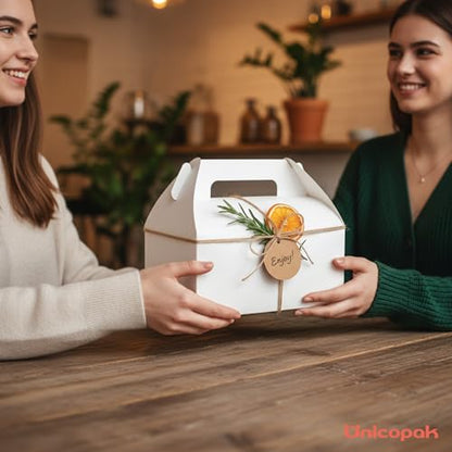 UnicoPak 30 Pack 9x6x6 Gable Boxes, Large White Treat Boxes with Handles, Cardboard Gift Boxes for Party Favors, Lunch, Bakery, Cookies, Picnic, To-Go Food, DIY Gift Packaging - color: White Gable Boxes