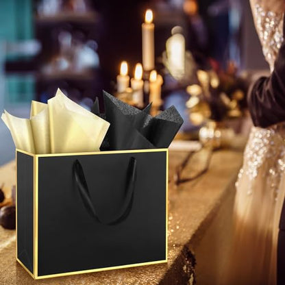 ReliThick 12 Pack Paper Gift Bag with Handles & Tissue, Black, Gold - color: Black, Gold