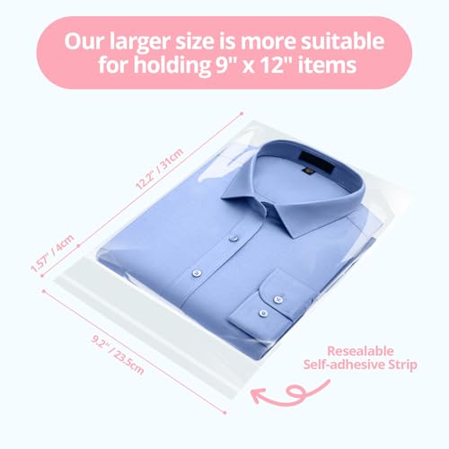 runzoos 100 Pcs Clear Self Sealing Cellophane Bags 9x12 Inches for Packaging Clothes, Resealable Poly Plastic Shirt Bags for Small Business, Plastic Sleeves for Magazine A4 Letter Size Artwork - size: 100 Pcs 9x12 Inches