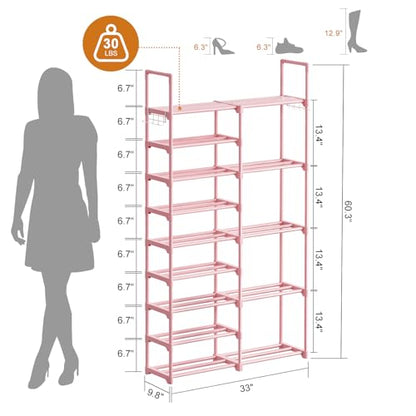 WOWLIVE 9 Tier 2-Column Shoe Rack, 30-35 Pairs Stackable Pink - color: Pink, size: 2 Row 9 Tier