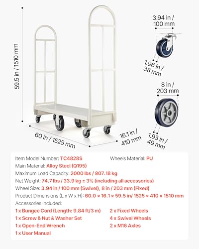 VEVOR 2000LBS Heavy-Duty U-Boat Cart, Platform Truck Dolly with 6 Wheels & Dual Detachable Handles, Heavy Duty Steel Utility Cart for Warehouse/Manufacturing Plant/Logistics Center/Job Site - size: 60.0 x 16.1 x 59.5 in/ 1525 x 410 x 1510 mm