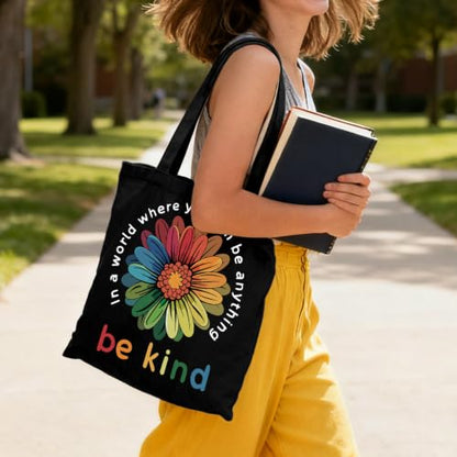 Cute Canvas Tote Bag for Women, Book Totebag with Zipper Pocket - color: Flower Be Kind