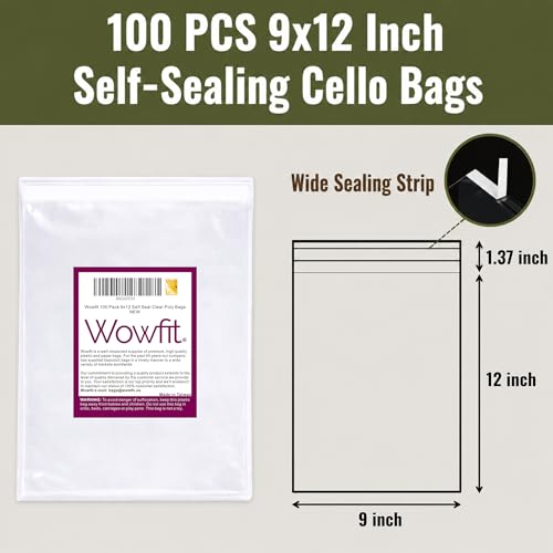 Wowfit 100 CT 9x12 Self Sealing Clear T Shirt Bags for Small Business - size: 9x12 Inch (Pack of 100)