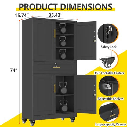 pozdeg 74" Black Lockable Rolling Metal Garage Storage Cabinet - color: Black
