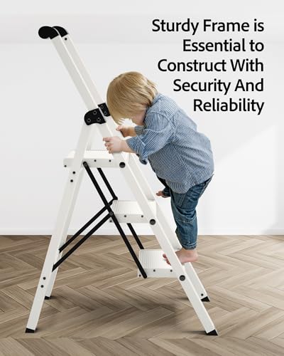 Taranta 3 Step Ladder,Lightweight Aluminum Step Stool Foldable -White - color: White, size: 3 Step