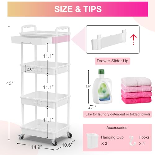 Goovilla 4 Tier Rolling Utility Cart Organizer with Removable Drawer, White - size: 4 Tier, style: White