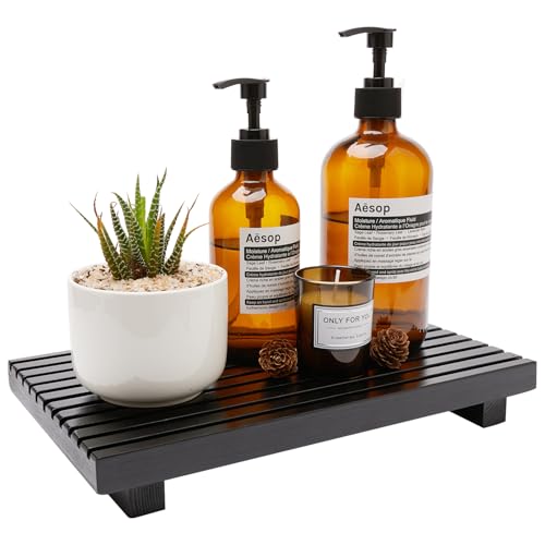Black Bathroom Counter Tray Organizer Wood Riser Stand Kitchen Soap Holder - color: Black, size: 12x6.7 inch