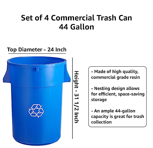 Set of 4 Round Commercial Trash Can 44 Gallon, Industrial Recycling Bin, Durable Garbage Can, Safe Food Container, Ingredient Bin (Blue/Sticker) - color: Blue/Sticker