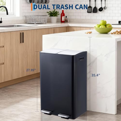 Garvee Dual Trash Can, 16 Gal (2 x 30 l) Stainless Steel Kitchen Garbage Can with Lid and Inner Bucket, Double Compartment Trash and Recycle Bin Combo with Step Pedal for Home Office, Black - color: Black, size: 30L+30L