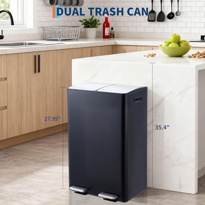 Garvee Dual Trash Can, 16 Gal (2 x 30 l) Stainless Steel Kitchen Garbage Can with Lid and Inner Bucket, Double Compartment Trash and Recycle Bin Combo with Step Pedal for Home Office, Black - color: Black, size: 30L+30L