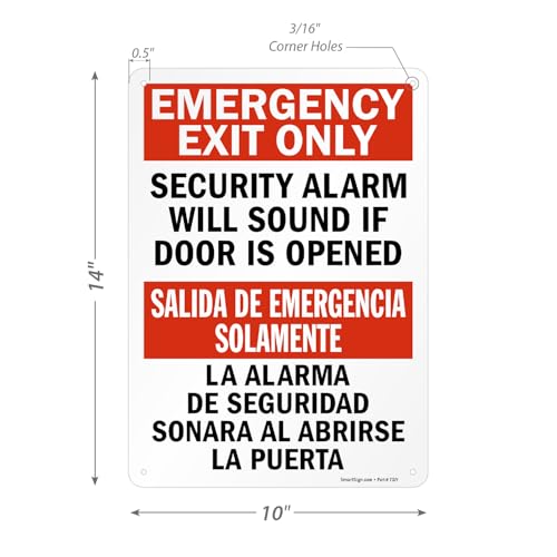 SmartSign "Emergency Exit Only - Security Alarm Will Sound If Door Is Opened" Bilingual Sign | 10" x 14" Plastic