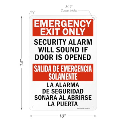 SmartSign "Emergency Exit Only - Security Alarm Will Sound If Door Is Opened" Bilingual Sign | 10" x 14" Plastic