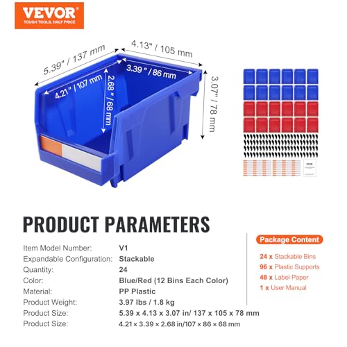 VEVOR Plastic Storage Bins 24 Pack (5 x 4 x 3-Inch), Hanging Stackable Storage Organizer Bins, Heavy Duty Stacking Containers for Closet, Garage, Office, or Small Parts Organization - style: Red&Blue-24PC-1L