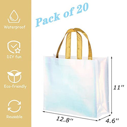 Lyellfe 20 Pieces Glossy Reusable Grocery Bag, Blue Gift Bag with Handle