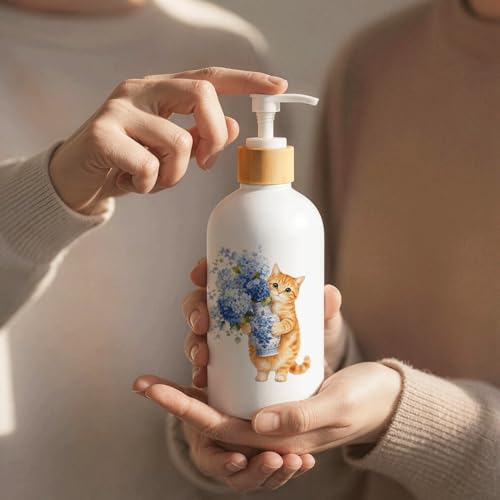 Chinoiserie Hydrangea Cat Glass Soap Dispenser with Pump - color: Hydrangea Cat