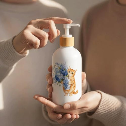 Chinoiserie Hydrangea Cat Glass Soap Dispenser with Pump - color: Hydrangea Cat