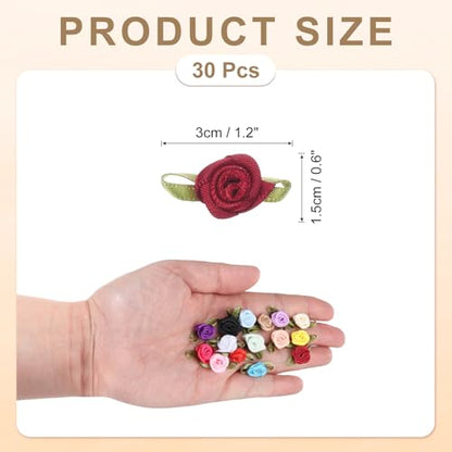 MECCANIXITY 30 Pcs Wine Red Mini Ribbon Bows Roses 5/8" x1-3/16 Tiny Satin Bows Roses for Sewing Appliques Crafts Little Artificial Flowers - color: Wine Red