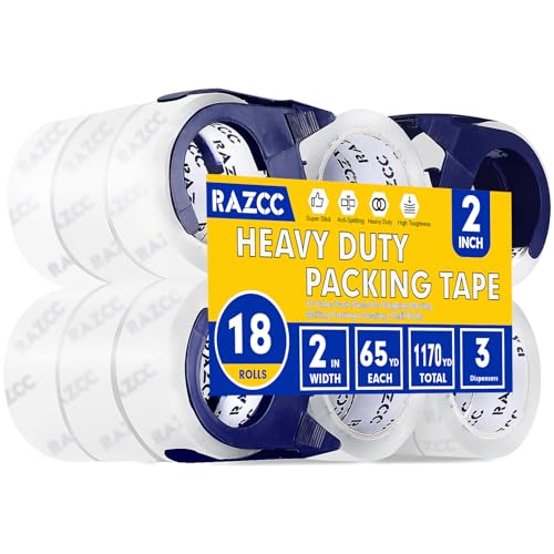RAZCC Clear Packing Tape, 18 Rolls Heavy Duty Packaging Tape with Dispensers for Packing Shipping Moving and Sealing, Thicker Packing Tape-2" x 65 Yards Per Roll, 1170 Total Yards - size: 2"-18 Rolls