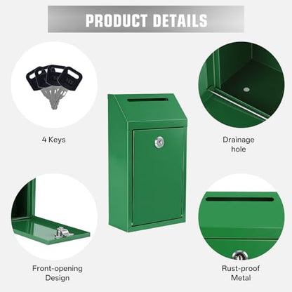 Sumerfnt Cash Box Wall Mount, Metal Money Drop Box with Lock and Slot, Money Collection for Farm Stand, Self-Serve, Tips, Fundraising, 10.24" x 5.7" x 2.95", 4 Keys, Green - color: Green