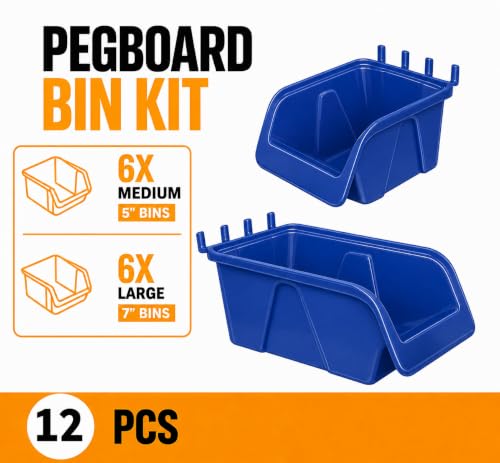 WallPeg Pegboard Bins - 6 Each 7" & 6 Each 5" Organizing Bins Blue - Hooks to Peg Board Panel Organize Hardware Arrange Accessories Workbench Tool Organizer Garage Storage -Made in USA-